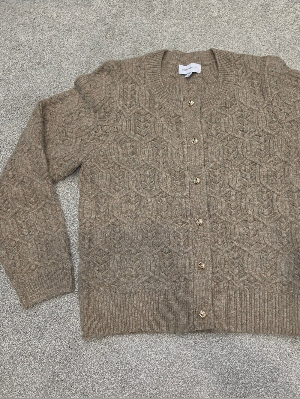 Lost + Wander Women's Brown Textured Knit Cardigan with Gold Buttons